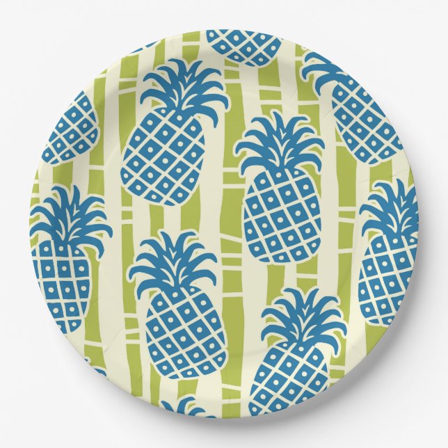 Tiki-Ananas-Bambus-Streifen-Muster Pappteller (Vorderseite)
