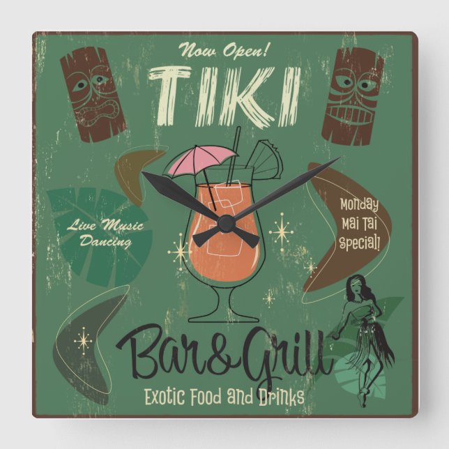 Tiki Bar&Grill Wall Clock Quadratische Wanduhr (Vorderseite)
