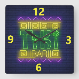 Tiki Bar Neon Sign Square Wall Clock Quadratische Wanduhr