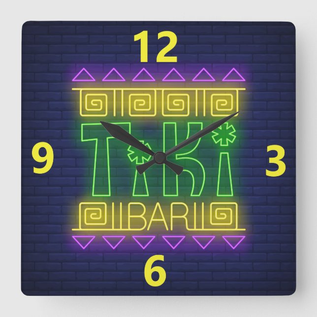 Tiki Bar Neon Sign Square Wall Clock Quadratische Wanduhr (Vorderseite)