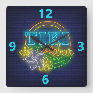 Tiki Bar Neon Sign Square Wall Clock Quadratische Wanduhr
