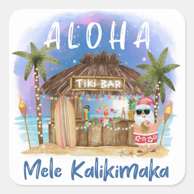 Tiki Beach Bar | Tropical Mele Kalikimaka Santa Quadratischer Aufkleber (Vorderseite)