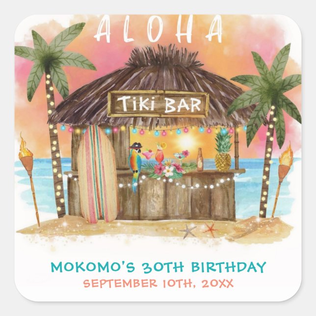 Tiki Beach Bar Tropical Sea Geburtstag Quadratischer Aufkleber (Vorderseite)