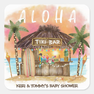 Tiki Beach Bar Tropical Surf & Sea Baby Dusche Quadratischer Aufkleber