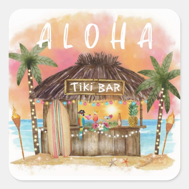 Tiki Beach Bar Tropical Surf & Sea Quadratischer Aufkleber (Vorderseite)