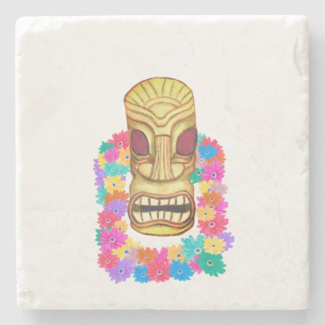 Tiki Head Hawaiian Lei Steinuntersetzer (Vorderseite)