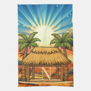 Tiki-Hütte Sonnenaufgang Monogramm Personalisiert Geschirrtuch