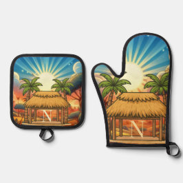 Tiki-Hütte Sonnenaufgang Monogramm personalisiert  Ofenhandschuh & Topflappen-Set