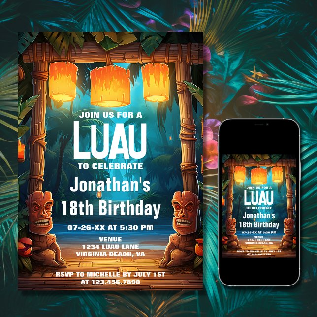 Tiki Luau Hawaiian Tropical Island Beach Geburtsta Einladung (Printed and Digital - Tiki Luau Hawaiian Tropical Island Beach Birthday Invitation)