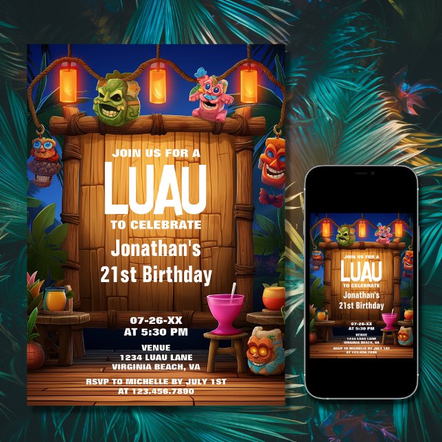 Tiki Luau Hawaiian Tropical Island Beach Geburtsta Einladung (Printed and Digital - Tiki Luau Hawaiian Tropical Island Beach Birthday Invitation)