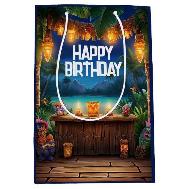 Tiki Luau Hawaiian Tropical Island Beach Geburtsta Mittlere Geschenktüte (Vorderseite)