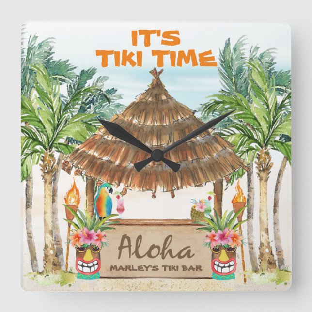 Tiki Luau | Tropical Beach Tiki Bar Aloha Square Quadratische Wanduhr (Vorderseite)