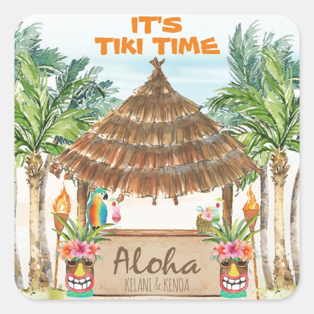 Tiki Luau | Tropischer Strand Aloha Quadratischer Aufkleber (Vorderseite)