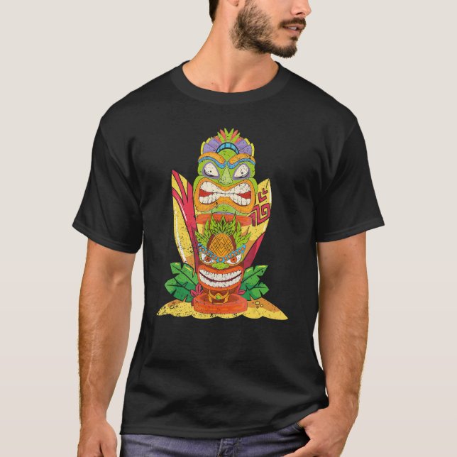 Tiki Mask Hawaiian Statue Surfboard Polynesischer  T-Shirt (Vorderseite)