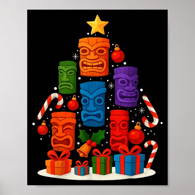 Tiki Mask Luau Christmas Tree Hawaiian Xmas Hat Ha Poster (Vorne)