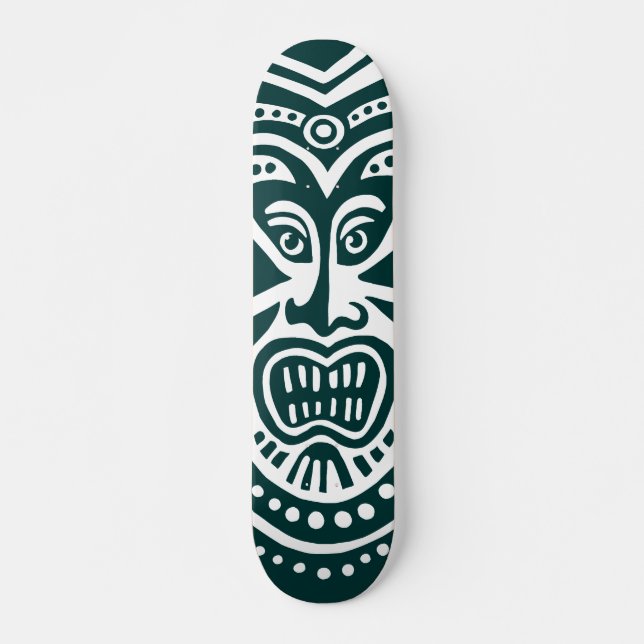 Tiki Mask Style - Dunkelgrün auf Weiß Skateboard (Vorne)