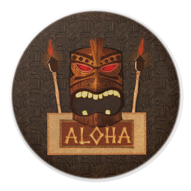 Tiki Maske aus Holz Vintag Retro Aloha Hawaii Keramikknauf (Vorderseite)