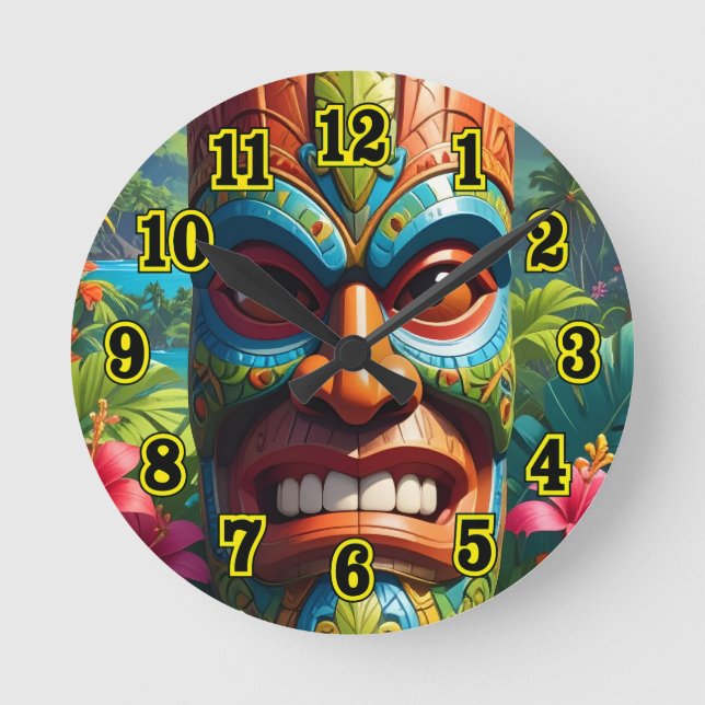 Tiki-Maske Runde Wanduhr (Vorderseite)
