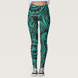 Tiki Polynesisches Muster Schwarz und Grün  Leggings