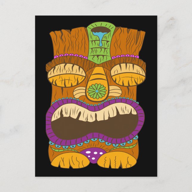 Tiki-Statue aus Holz mit offenem Mund, sonniges Sc Postkarte (Vorderseite)