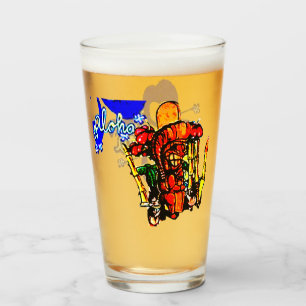 Tiki Statue mit Menehune und Hibiskus Glas