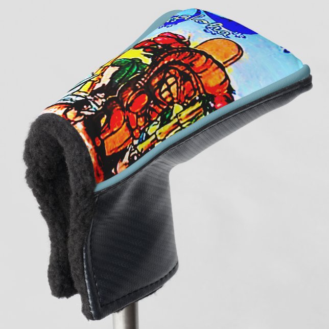 Tiki Statue mit Menehune und Hibiskus Golf Headcover (3/4 Vorderseite)