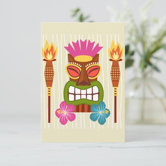Tiki Statue, Torches und Hibiskus Blume Dankeskarte (Stehend Vorderseite)
