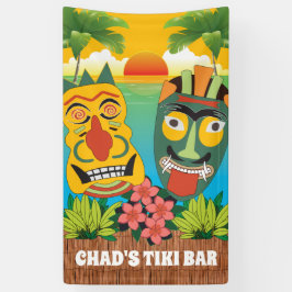 Tiki Time in hellen Farben mit Masken und Sonnenun Banner