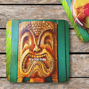 Tiki-Zeit Vintage Hawaii Tropisch Wild Holzgesicht Rechteckiger Pappuntersetzer