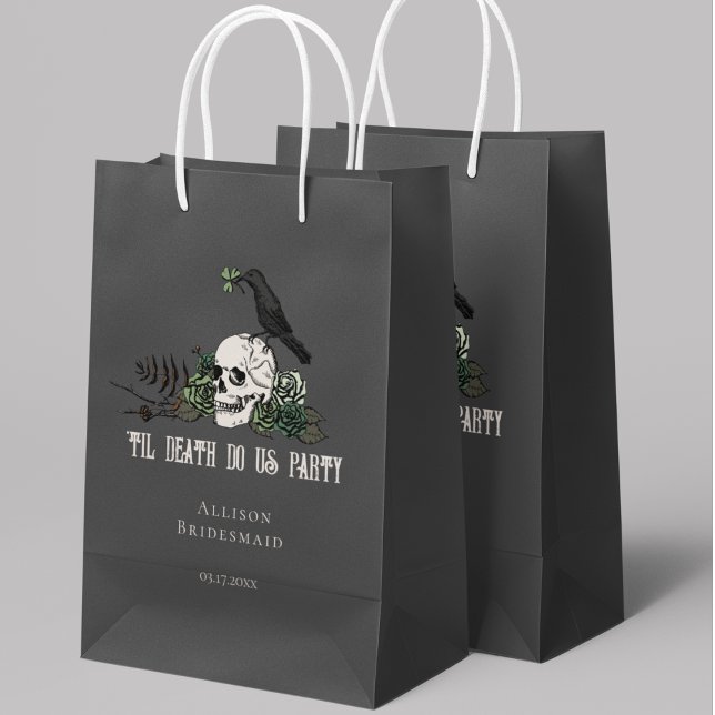 Til Death Do Uns Party Black Irish Skull Bridesmai Kleine Geschenktüte (Til Death Do Us Party Irish Skull Bridesmaid Gift Bag. Hand-drawn Skull, Green Roses & Black Crow.)