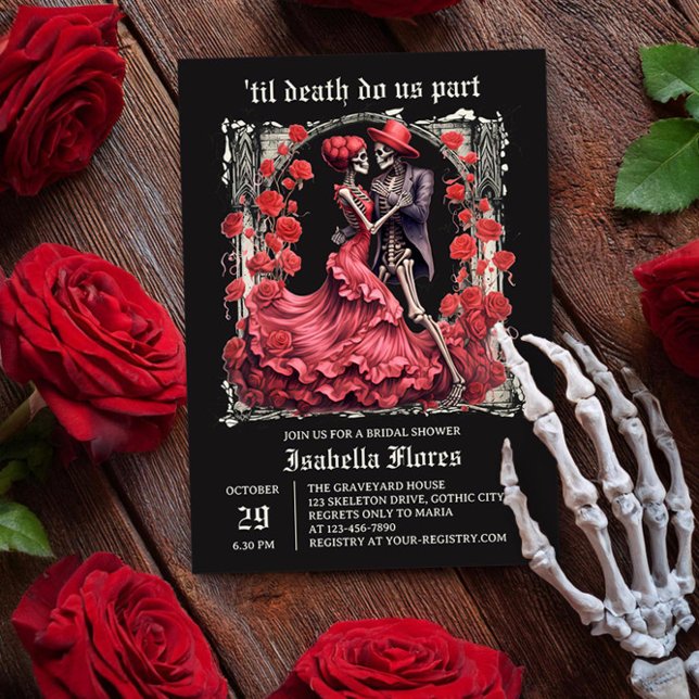 Til Death Do us Part Skeleton Couple Brautparty Einladung (Til Death Do Us Part romantic skeleton couple Bridal Shower Invitation by Darling & May)