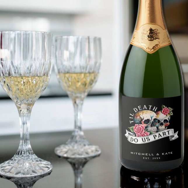 Til Death Do us Part Skulls & Rose Black Wedding (Til Death Do Us Part Skulls & Roses Black Wedding Sparkling Wine Label)