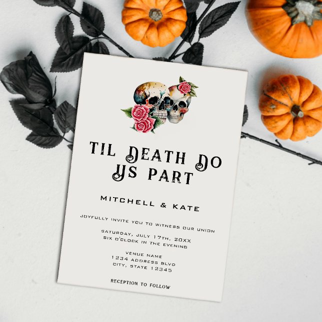 Til Death Do us Part Skulls & Rose White Wedding Einladung (Til Death Do Us Part Skulls & Roses White Wedding Invitation)