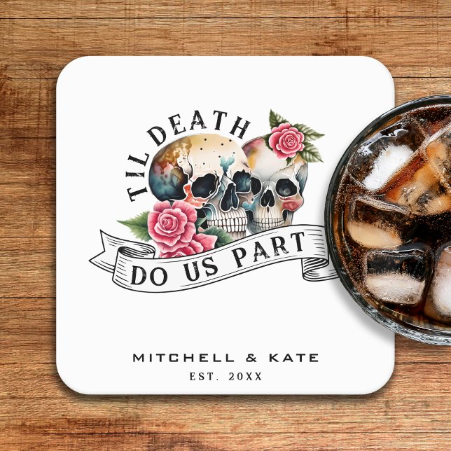 Til Death Do us Part Skulls & Rose White Wedding Rechteckiger Pappuntersetzer (Til Death Do Us Part Skulls & Roses White Wedding Square Paper Coaster
)