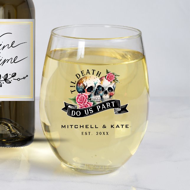 Til Death Do us Part Skulls & Rose White Wedding Weinglas Ohne Stiel (Til Death Do Us Part Skulls & Roses White Wedding Stemless Wine Glass
)