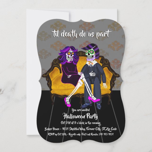 Til Death Do us Part Sugar Skulls Halloween-Party Einladung (Vorderseite)