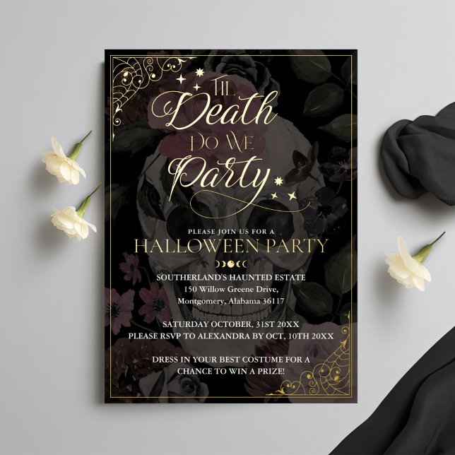 Til Death Do We Party Gothic Skull Halloween Folieneinladung (Til Death Do We Party Gothic Skull Halloween Foil Invitation)