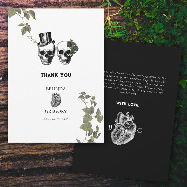 Til Death Gothic Heart Floral Skulls Wedding Dankeskarte (Til Death Gothic Heart Floral Skulls Wedding Thank You Card)