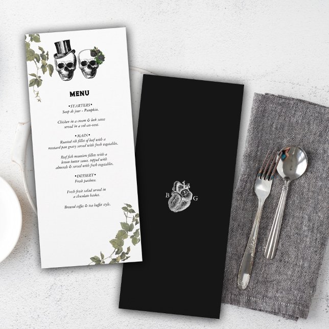 Til Death Gothic Heart Floral Skulls Wedding Menükarte (Til Death Gothic Heart Floral Skulls Wedding Menu)