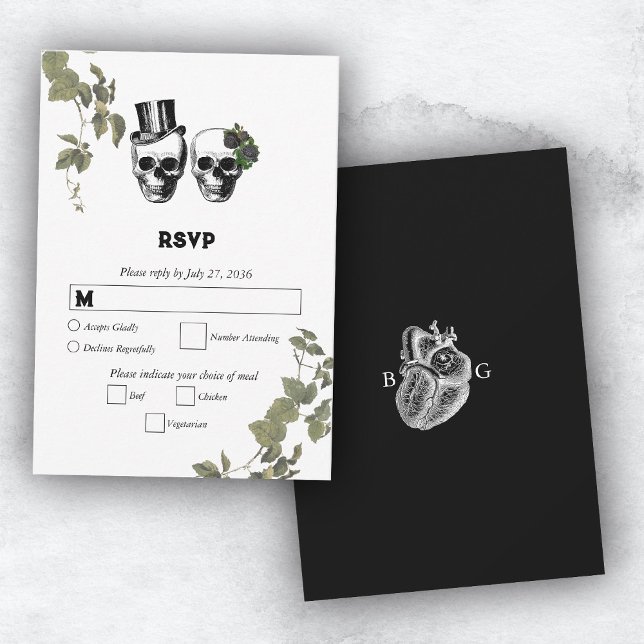 Til Death Gothic Heart Floral Skulls Wedding RSVP Karte (Til Death Gothic Heart Floral Skulls Wedding RSVP Card)