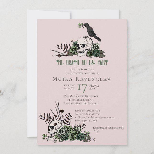 Til Death Gothic Irish Floral Skull Brautparty Einladung (Vorderseite)