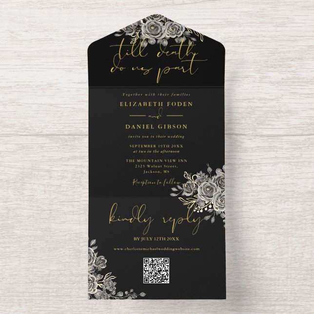 Til Death Gothic Roses Floral QR Code Wedding Foil All-in-One-Einladung (Innenseite)