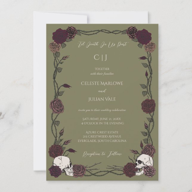 Til Death Olive Green Gothic Rose Wedding Einladung (Vorderseite)