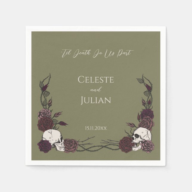 Til Death Olive Green Gothic Skull & Rose Wedding Serviette (Vorderseite)