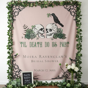 Til Death Pink Mr. and Mrs Skulls Green Rose Wandteppich