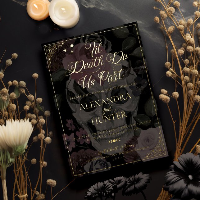Til Death Watercolor Floral Skull Gothic Wedding Folieneinladung (Til Death Watercolor Floral Skull Gothic Wedding Real Foil Invitation)