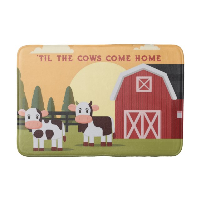 Til the Cows Come Home Two Cows Red Barn Sunrise Badematte (Vorderseite)
