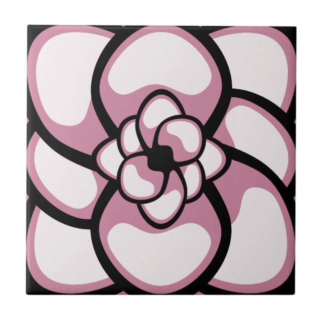 Tile, Abstrakte Blume 3, rosa, schwarz, weiß Fliese (Vorderseite)
