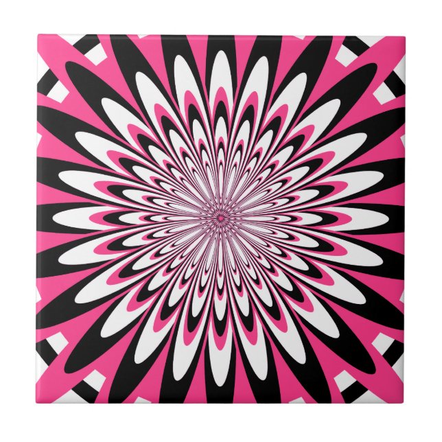 Tile, Abstrakte Blume 5, rosa, schwarz, weiß Fliese (Vorderseite)