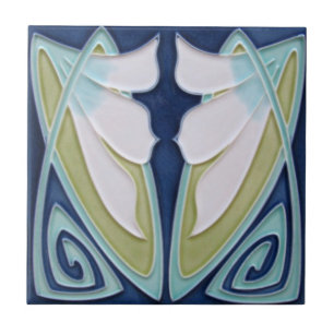 Tile - Jugendstil Blau Hintergrund Weiße Blume Fliese
